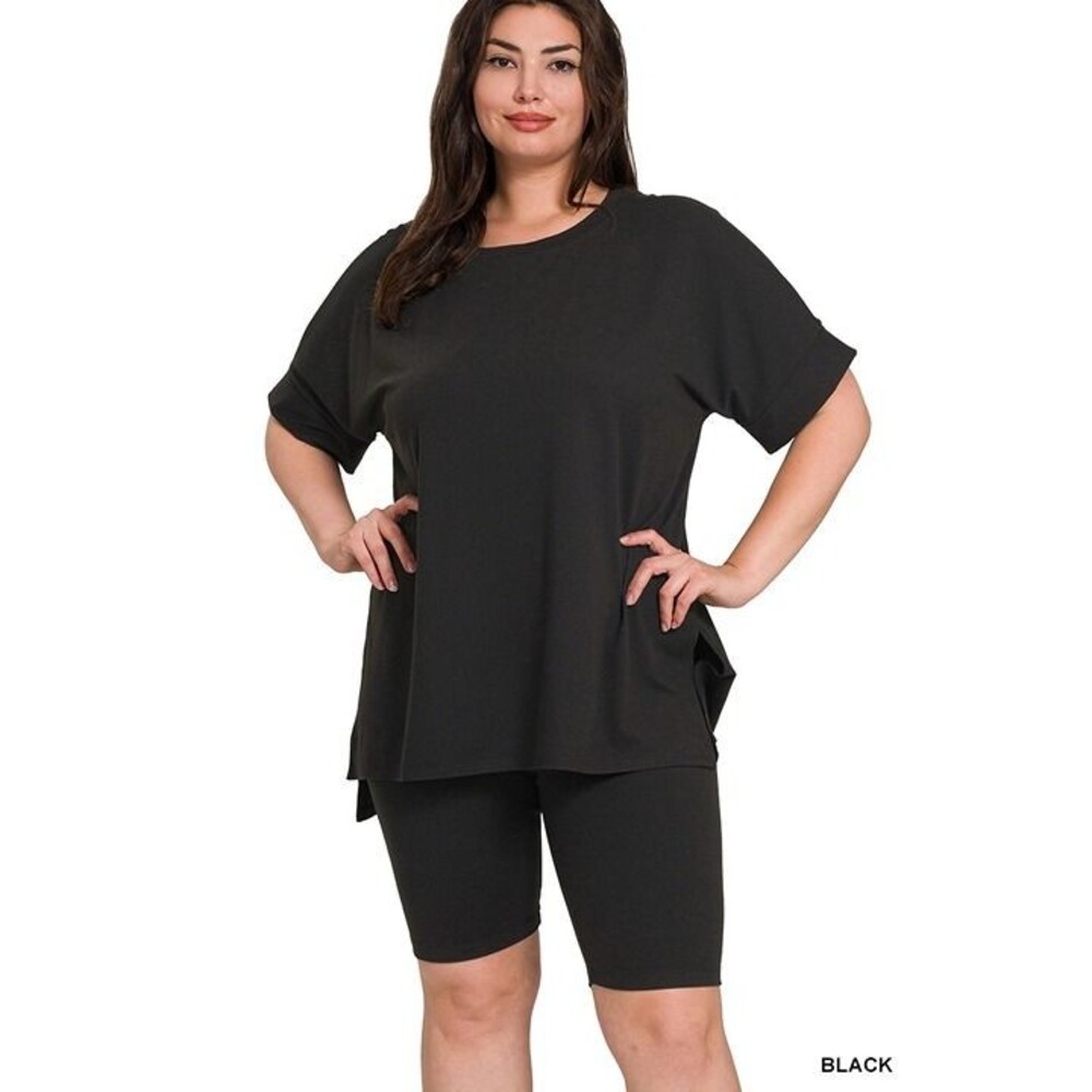 New Size 2X Zenana Brushed Dty Microfiber Round-neck Top & Biker Short SET-BLACK